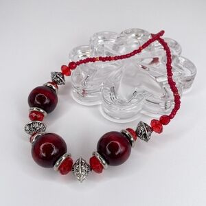 Red & Silver Beaded Necklace w/ Oversized Chunky Beads